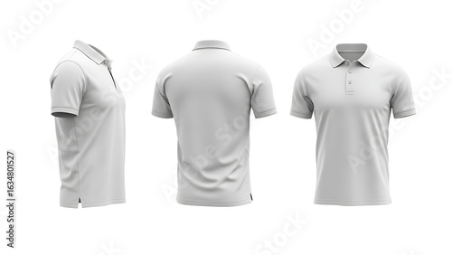 Blank white polo shirt mockup with front, back, and side views for apparel branding.