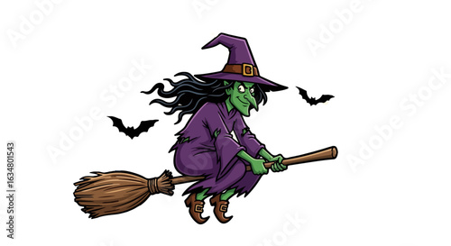 A mischievous green-skinned witch with long black hair, wearing a purple robe and pointy hat, flying on a broomstick.