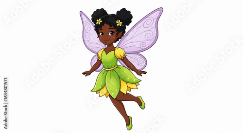 Adorable flying Black fairy girl with afro puffs, a green petal dress, and lavender wings.