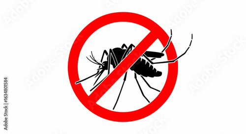 Anti-mosquito prohibition sign featuring a black insect silhouette inside a red circle with a diagonal strike-through.