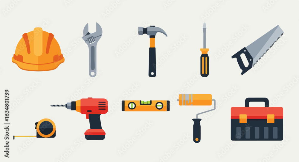 Fototapeta premium Colorful flat design icon set of construction, building, and repair tools.