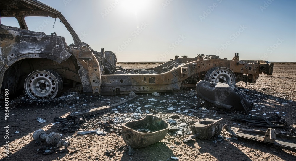 Obraz premium rusted car wreck in barren desert landscape under bright sun. remnants of vehicle are scattered on cracked earth. decay and abandonment. environmental, automotive concept