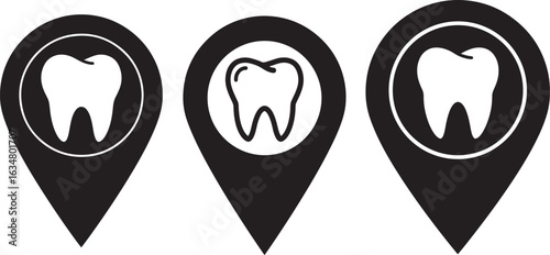 Dental location markers with tooth icons silhouette