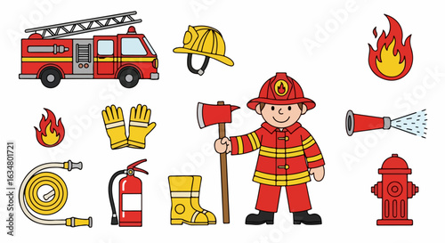 Colorful cartoon collection of a firefighter character and essential firefighting equipment icons.