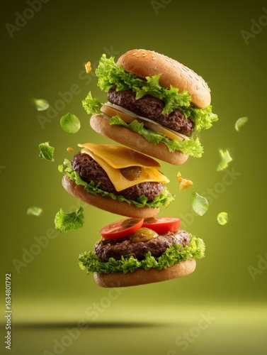 Towering gourmet burger stack with sesame buns, lettuce, cheese, tomato, pickles and beef patty floating on a vibrant green background
