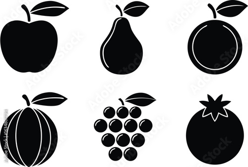 Six silhouette fruits apple pear plum melon grapes tomato isolated