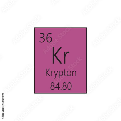 Kr Krypton Noble gas Chemical Element Periodic Table. Simple flat square vector illustration, simple clean style Icon with molar mass and atomic number for Lab, science or chemistry class.