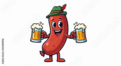 Happy cartoon sausage character in a green Tyrolean hat holding two beer mugs.