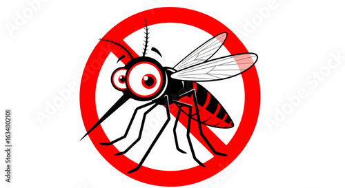 Red and black cartoon mosquito with large eyes in a prohibition symbol.