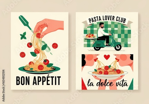 Flat illustration of a vibrant illustration celebrating italian pasta dishes with bon appetit and la dolce vita themes
