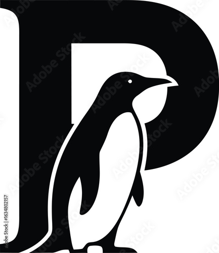 Black Penguin Silhouette Inside Letter P Logo Design animal