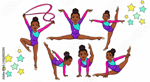 Set of a young Black girl gymnast in a colorful leotard performing flexible artistic and rhythmic gymnastics poses.