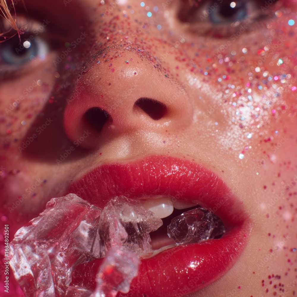 Fototapeta premium High-speed macro close-up of red lips biting a melting ice cube with glitter makeup and freckles, capturing a refreshing and sensual moment with vivid detail