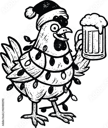 Cartoon-Style Drawing of a Chicken Wearing a Santa Hat, Wrapped in Christmas Lights, and Holding a Mug of Beer — Whimsical Holiday-Themed Illustration Blending Festivity and Humor
