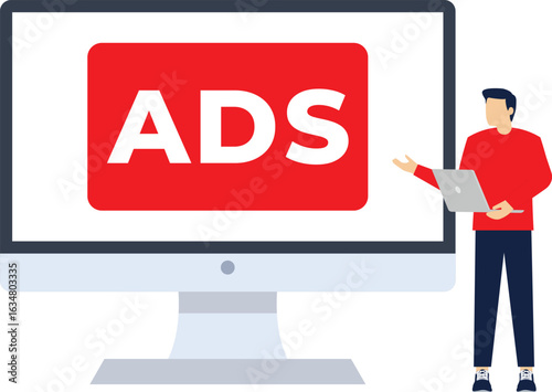 concept of Pay per click, PPC, paid advertising campaign displays ads on websites that generate revenue for publishers, Advertising or advertising, Promoting a brand to an audience, internet.

