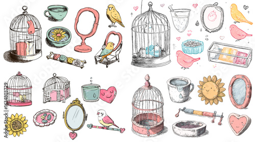 Charming hand-drawn collection of birdcages, mirrors, toys, cups, and cute pet birds in a colorful watercolor sketch style.