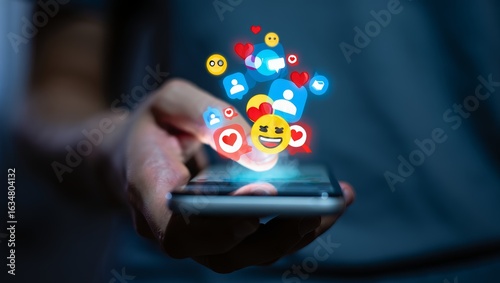 Social Media Engagement: A Hand Holding a Smartphone with Glowing Emojis and Icons