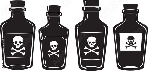 Four dark bottles with skull and crossbones silhouette