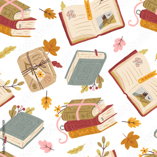 Vector book pattern in autumn vibe with yellowed leaves. Hand drawn cartoon cute cozy illustration of different books on white background in texture style. For design, stickers, scrapbooking.