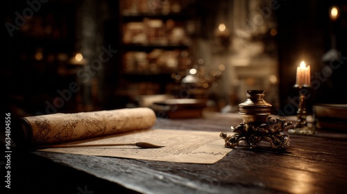 Quiet ancient scholars study with antique scrolls, candles, and brass instruments on a rustic wooden table in a dimly lit warm interior, evoking historical wisdom