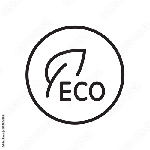 Eco sticker line icon. Ecological product badge, leaf shape symbol. Eco friendly sign. Vector illustration. Flat design. Editable stroke. Isolated on a white background.