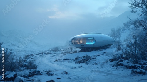 Sleek futuristic pod-like house with a large circular window perched on a snow-covered coastal landscape under a pastel blue sky, blending science fiction with winter scenery