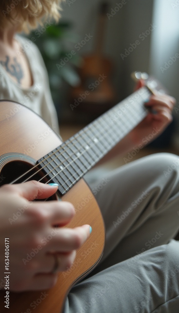 Fototapeta premium Gentle hands strumming a guitar in a cozy setting