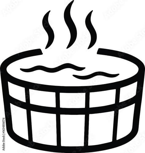 Black and White Icon of a Cylindrical Hot Tub with Vertical and Horizontal Panel Lines and Rising Steam — Minimalist Symbol Representing Spa, Relaxation, and Wellness Spaces