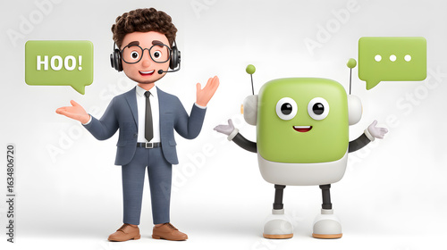 Dialogue between Man and Chatbot: An engaging dialogue unfolds as a human interacts with a cheerful chatbot.
