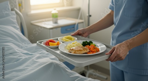 Nurse serves healthy meal on tray to patient in hospital room during daytime