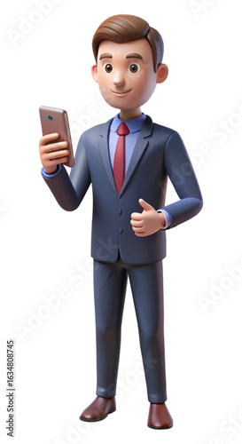 Confident businessman with smartphone giving a thumbs-up in professional attire