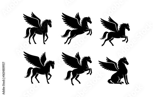 Pegasus silhouette collection on display, showcasing the mythical creatures' various stances and poses. Each image is carefully crafted to bring a sense of grace and wonder