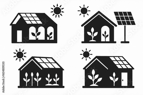 Solar-Powered Greenhouse Silhouettes Vector on White Background