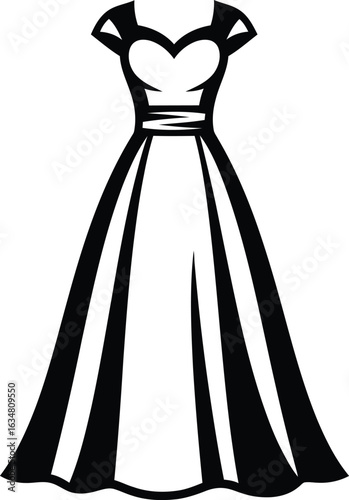 Elegant Black and White Silhouette Illustration of a Formal Dress with Sweetheart Neckline, Short Sleeves, Cinched Waist, and Flowing Pleated Floor-Length Skirt — Classic Eveningwear 