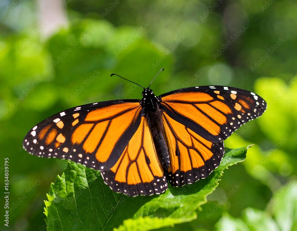 Naklejka premium Monarch butterfly with wings open, resting on a green leaf
