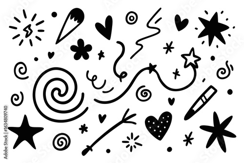 Charming hand-drawn doodle elements perfect for adding playful flair to designs, featuring stars, hearts, swirls, and abstract shapes for a whimsical touch.
