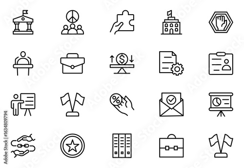 Diplomacy line icons set. Diplomacy outline icons with editable stroke collection. Includes Law, Peace, Trade Relations, Government, Summit and More.