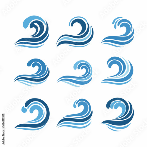 Wellen-Logos – Wasserspritzer, fließende Flüssigkeitsbewegung, geschwungene Linien und Strudel als Vektorillustration