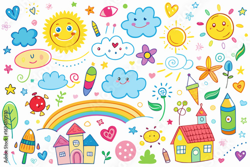 Whimsical collection of cheerful hand-drawn elements featuring smiling suns, fluffy clouds, rainbows, houses, flowers, and stars, perfect for joyful children's projects and creative designs.