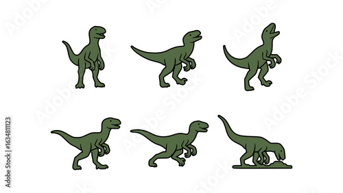 An illustration of a six green velociraptor dinosaur in different poses. This image is simple yet appealing and captures the essence of the prehistoric creatures.