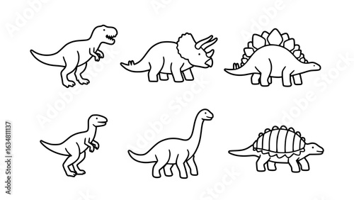 Line art drawing of various dinosaurs, including Tyrannosaurus Rex, Triceratops, and Stegosaurus