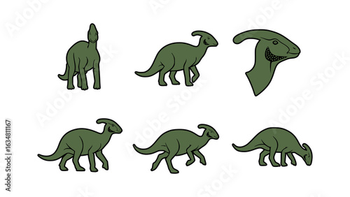 A collection of Parasaurolophus drawings, ideal for educational or artistic projects. The illustration depicts various angles and poses of the herbivorous dinosaur