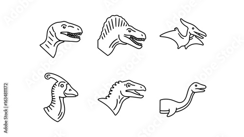 Set of Various Dinosaur Heads in Outline Style. Coloring book outlined
