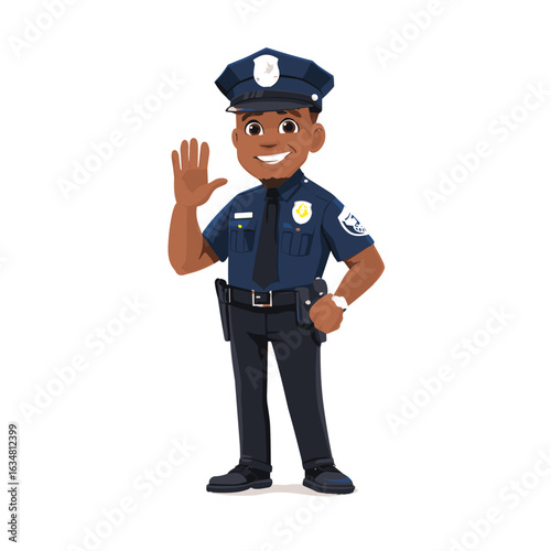 A friendly police officer waving with a welcoming smile.