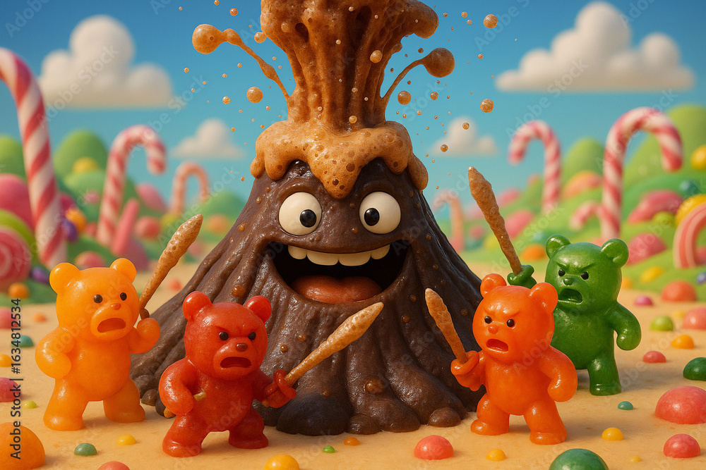 Fototapeta premium Two different 3D Funny cartoon scenes depicting Soda Volcano Eruption in Candyland