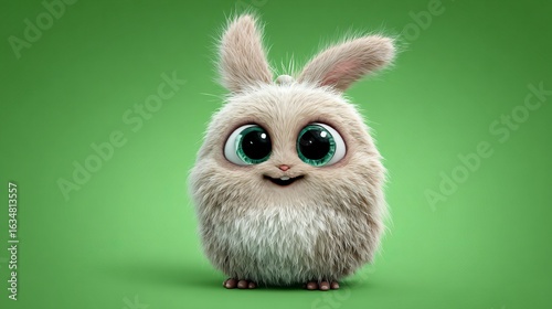 Cute fluffy bunny-like creature with big sparkling eyes and tall ears, standing on a vibrant green background in whimsical cartoon style digital art illustration