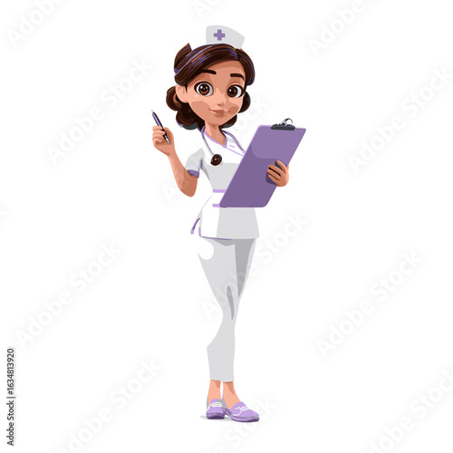 A female nurse in uniform holding a pen and clipboard, possibly taking notes or making a diagnosis.
