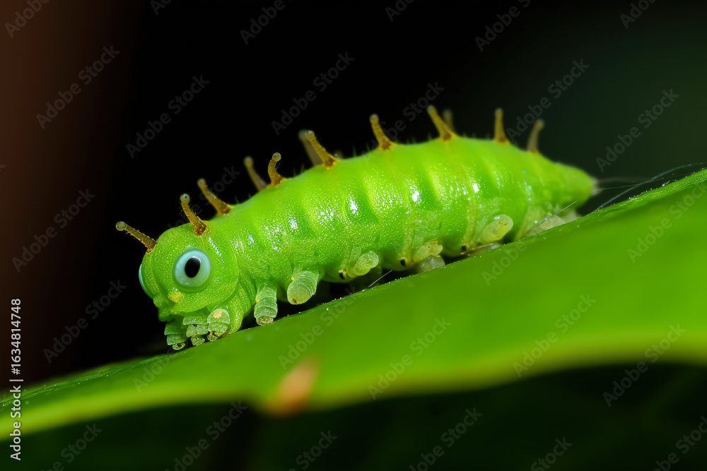 Fototapeta premium Green caterpillar resting on a vibrant green leaf, showcasing intricate textures and natural beauty, symbolizing the importance of animal protection and biodiversity