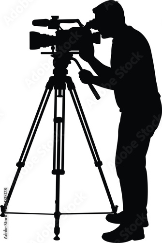 Videographer silhouette, camera operator on tripod, filming action, media production icon, professional video recording