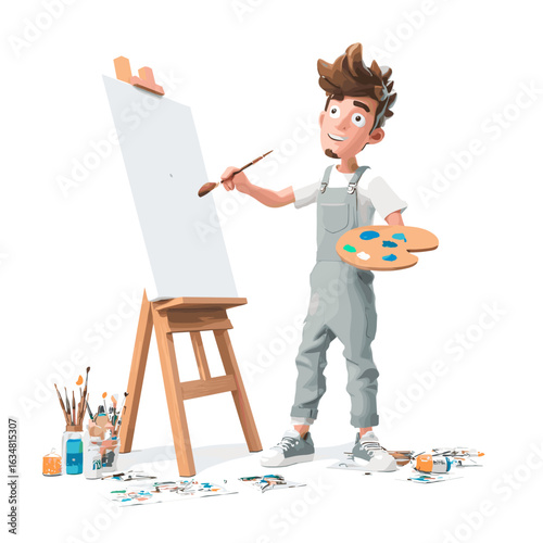 A cheerful artist painting with a brush on a blank canvas.